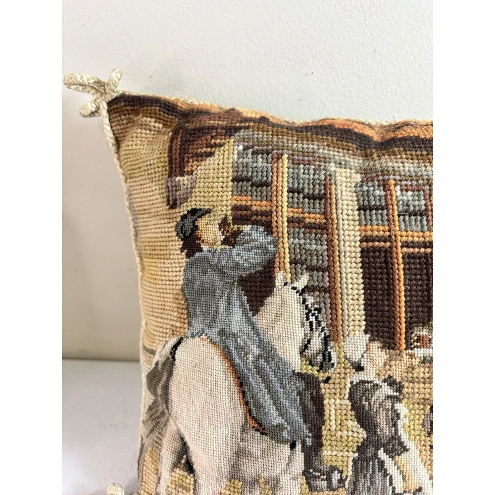 Petit Point Wool Horse Riders Colonial Needlepoint Pillow Zip Velvet Back 10x15
